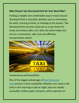 Why Choose Taxi Sherwood Park for Your Next Ride