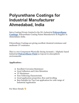 Polyurethane Coatings for Industrial Manufacturer Ahmedabad, India