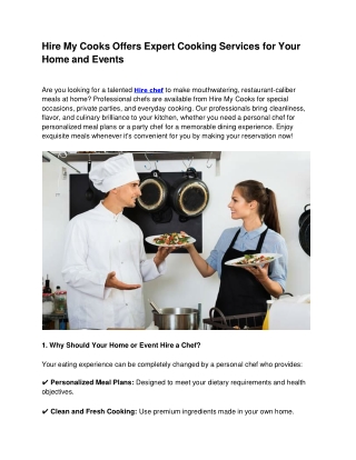 Hire My Cooks Offers Expert Cooking Services for Your Home and Events