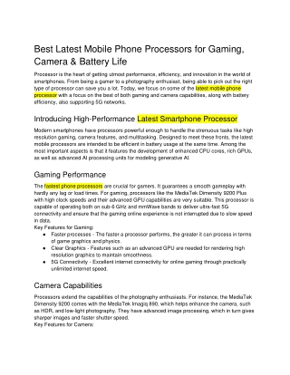 Best Latest Mobile Phone Processors for Gaming, Camera & Battery Life