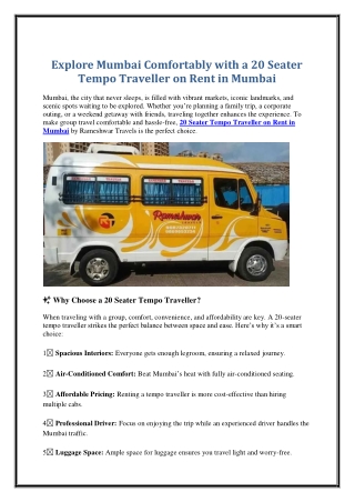 Explore Mumbai Comfortably with a 20 Seater Tempo Traveller on Rent in Mumbai