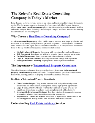 Role of a Real Estate Consulting Company in Today