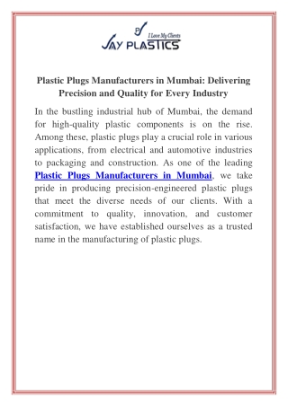 Plastic Plugs Manufacturers in Mumbai  Delivering Precision and Quality for Every Industry