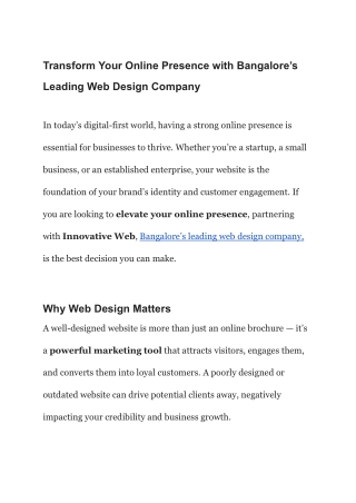 Transform Your Online Presence with Bangalore’s Leading Web Design Company