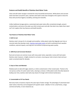 Features and Health Benefits of Stainless Steel Water Tanks