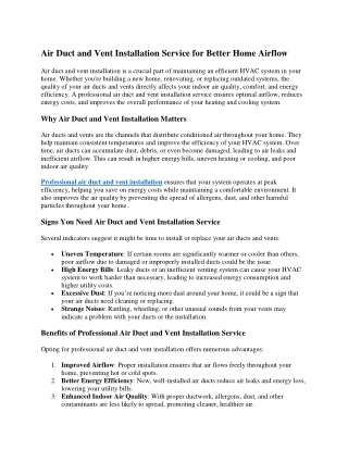 Air Duct and Vent Installation Service for Better Home Airflow