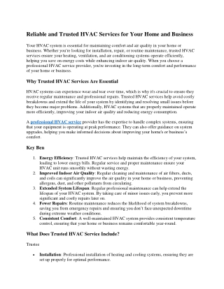 Reliable and Trusted HVAC Services for Your Home and Business