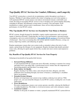Top-Quality HVAC Services for Comfort, Efficiency, and Longevity