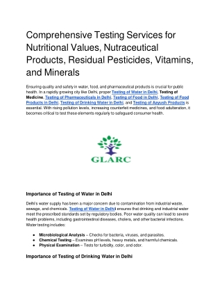 Comprehensive Testing Services for Nutritional Values, Nutraceutical Products, Residual Pesticides, Vitamins, and Minera