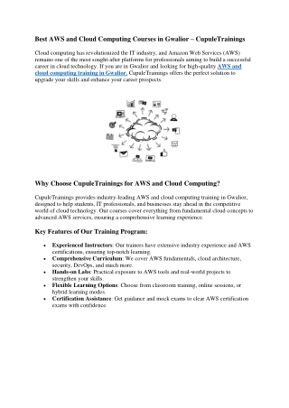 Best AWS and Cloud Computing Courses in Gwalior – CupuleTrainings