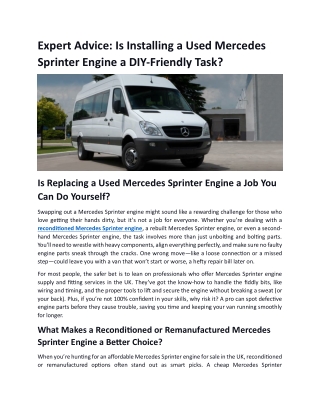 Expert Advice: Is Installing a Used Mercedes Sprinter Engine a DIY-Friendly Task