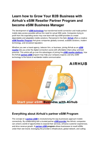Learn how to Grow Your B2B Business with Airhub’s eSIM Reseller Partner Program and become eSIM Business Manager