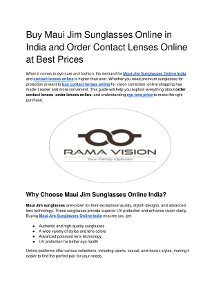 Buy Maui Jim Sunglasses Online in India and Order Contact Lenses Online at Best Prices