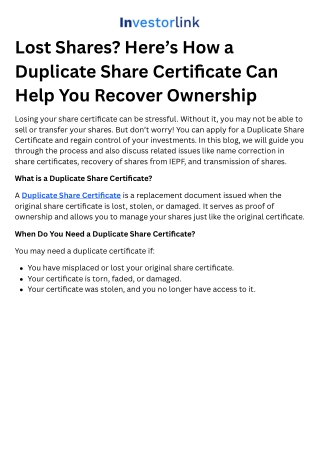 Lost Shares Here’s How a Duplicate Share Certificate Can Help You Recover Ownership