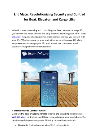 Lift Mate: Ultimate Security and Control for Your Boat, Elevator, and Cargo Lift