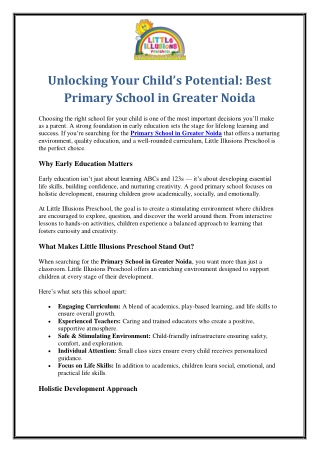 Unlocking Your Child’s Potential: Best Primary School in Greater Noida