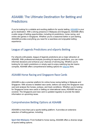 ASAA88 - Best Betting Platform for eSports, Horse Racing & Casino Games