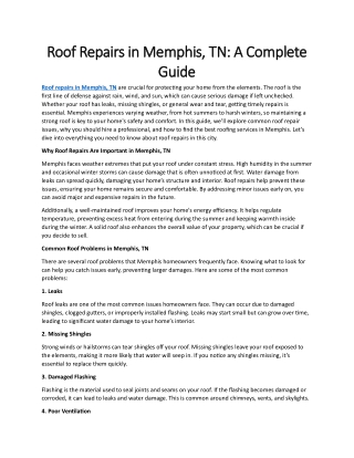 Roof Repairs in Memphis, TN: A Complete Guide