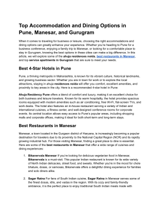 Top Accommodation and Dining Options in Pune, Manesar, and Gurugram