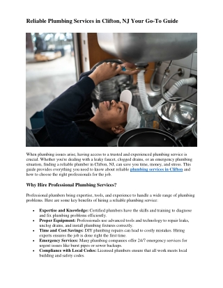 Reliable Plumbing Services in Clifton, NJ Your Go-To Guide