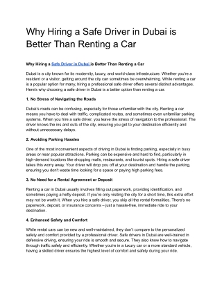 Why Hiring a Safe Driver in Dubai is Better Than Renting a Car