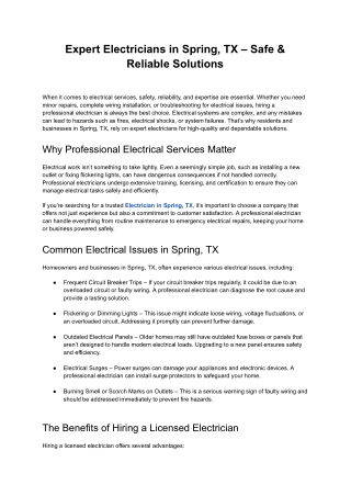 Spring, TX Electrician – Quality Electrical Services Near You
