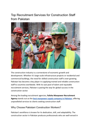 Top Recruitment Services for Construction Staff from Pakistan