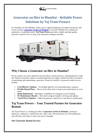 Generator on Hire in Mumbai – Reliable Power Solutions by Taj Trans Powers