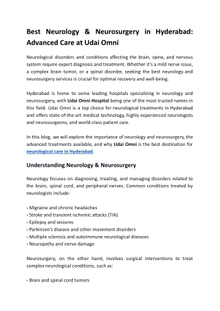 Best Neurology & Neurosurgery in Hyderabad - Advanced Care at Udai Omni