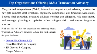 Top Organizations Offering M&A Transaction Advisory Services