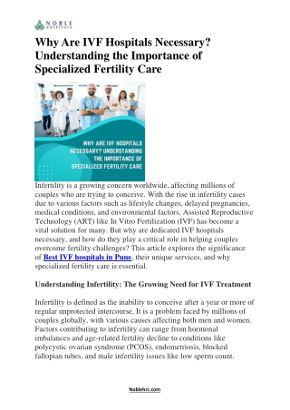 Why Are IVF Hospitals Necessary- Noble Hospitals