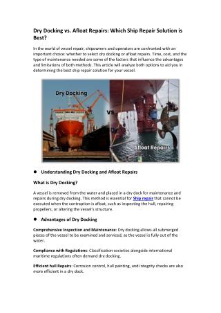 Dry Docking vs. Afloat Repairs Which Ship Repair Solution is Best