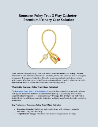 Romsons Foley Trac 3 Way Catheter – Premium Urinary Care Solution