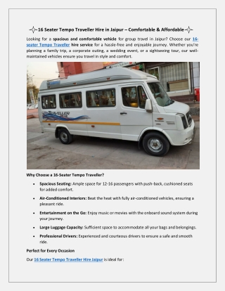 16 Seater Tempo Traveller Hire in Jaipur
