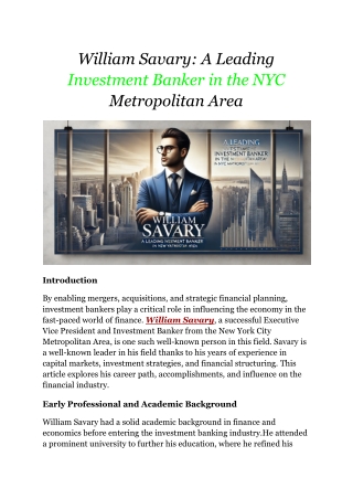 William Savary_ A Leading Investment Banker in the NYC Metropolitan Area