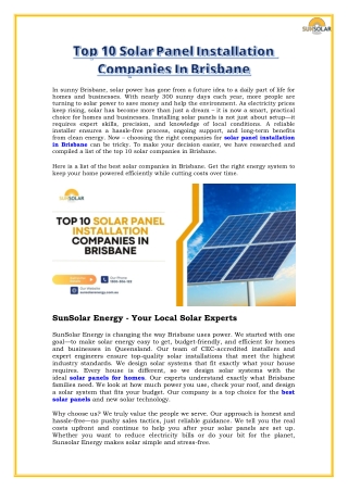Top 10 Solar Panel Installation Companies In Brisbane