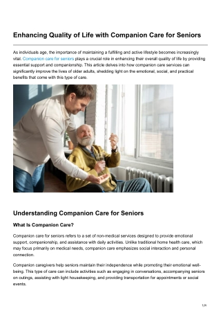 Enhancing Quality of Life with Companion Care for Seniors