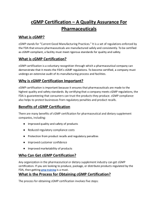 cgmp certification a quality assurance