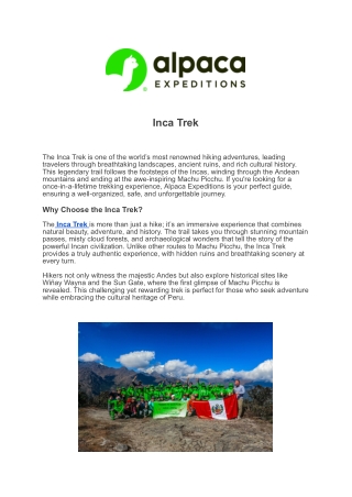 Experience the Inca Trek with Alpaca Expeditions