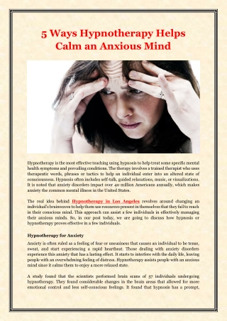 5 Ways Hypnotherapy Helps Calm an Anxious Mind