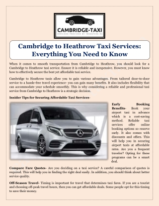 Cambridge to Heathrow Taxi Services Everything You Need to Know
