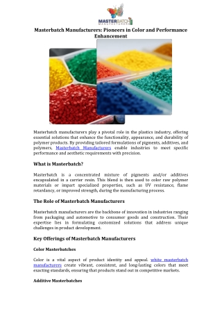 Masterbatch Manufacturers Pioneers in Color and Performance Enhancement