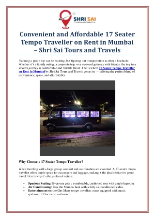 Affordable 17 Seater Tempo Traveller on Rent in Mumbai – Travel Made Easy!