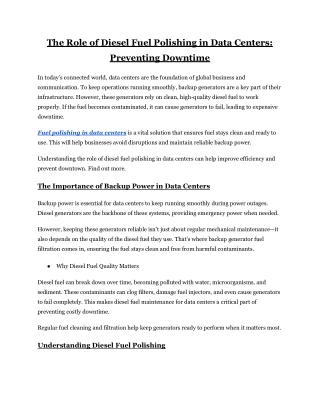 The Role of Diesel Fuel Polishing in Data Centers: Preventing Downtime