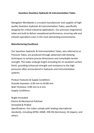 Seamless Seamless Hydraulic & Instrumentation Tubes