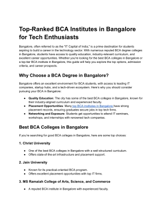 Top-Ranked BCA Institutes in Bangalore for Tech Enthusiasts