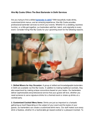 Hire My Cooks Offers The Best Bartender in Delhi Services