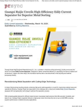 Guangxi Ruijie Unveils High-Efficiency Eddy Current Separator for Superior Metal Sorting