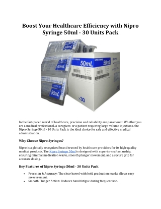 Boost Your Healthcare Efficiency with Nipro Syringe 50ml - 30 Units Pack