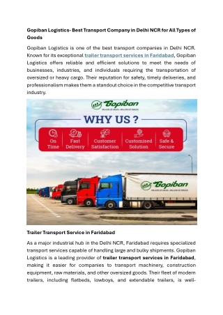 Gopiban Logistics- Best Transport Company in Delhi NCR for All Types of Goods